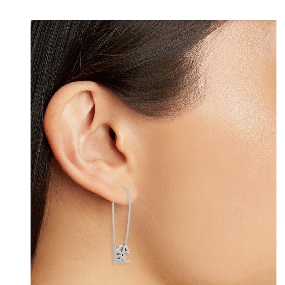 Karl Lagerfeld Paris Silver Tone Safety Pin Logo Drop Earrings Pierced Edgy Punk